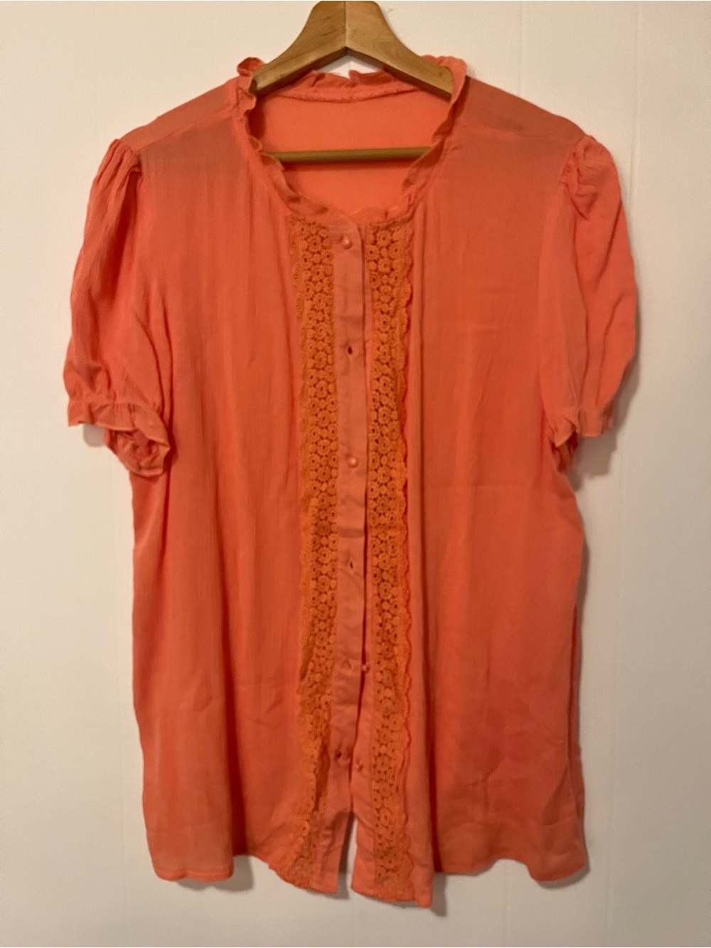 Women’s Coral Button-Front Blouse with Lace Trim